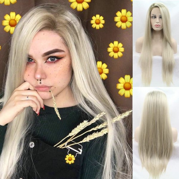Short Roots Dark Brown Ombre Golden Blonde Wigs Long Straight Side Part Synthetic Lace Front Wigs for Women Heat Resistant Fiber Replacement Natural Look Party&Cosplay&Daily Use Wigs Drag Queen Wig