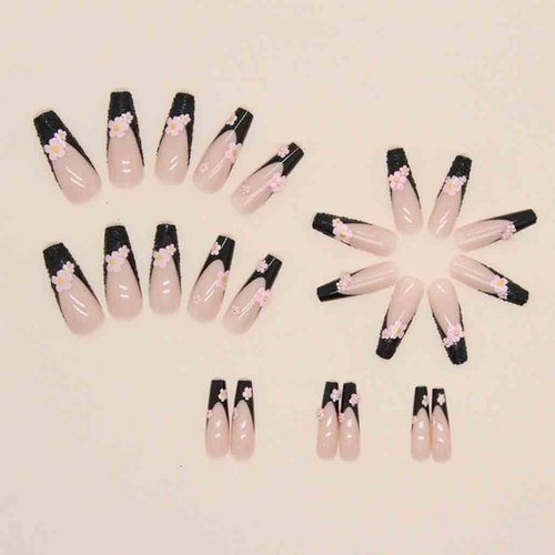 Foccna Black Press on Nails Long French 3D Flower Fake Nails Coffin Glossy False Nail Tips Artificial Nails Finger Manicure for Women and Girls,24pcs
