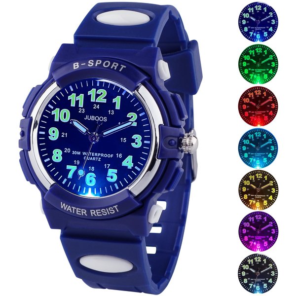 Juboos Kids Watch Analog with 7 Colorful Night Lights Boys Girls Waterproof Soft Strap Kids Time Teaching Quartz Wristwatch, Kids Gifts