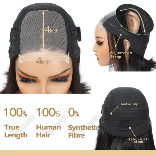 4x4 Lace Front Bob Wigs Human Hair 180 Density HD Transparent Lace Bob Wig for Black Women Short Straight Bob Lace Frontal Wigs Glueless Pre Plucked With Baby Hair Natural Color 14 Inch