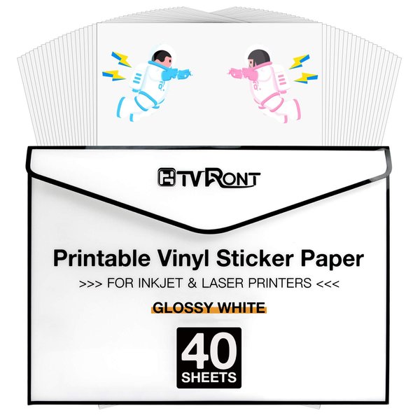HTVRONT Printable Vinyl for Inkjet Printer & Laser Printer - 40 Pcs Glossy White Inkjet Printable Vinyl Sticker Paper, 8.5"x11"