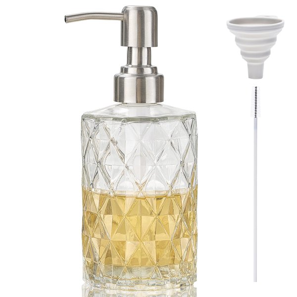 Easy Tang Glass Hand Dish Soap Dispenser for Bathroom Kitchen 12 Oz Crystal Design with Silver Pump Refillable Liquid Soap Dispenser (Clear)
