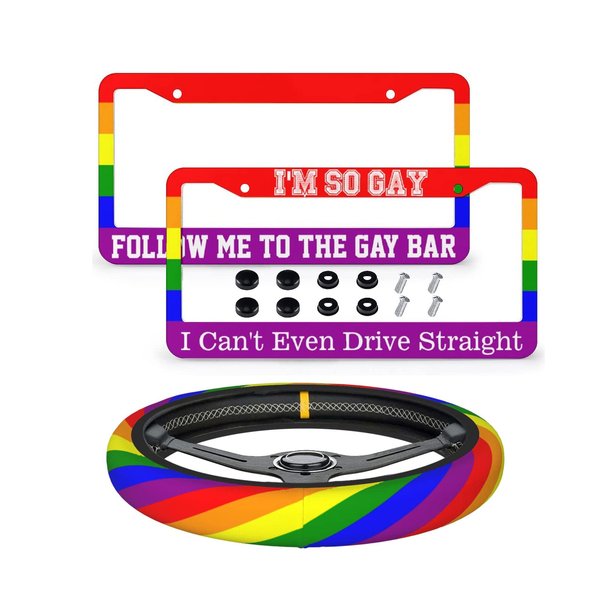 Gay Pride License Plate Frame Novelty Personalized Car Tag Rainbow Flag Steering Wheel Covers LGBTQ Fashionable License Plate Cover 2 Holes for US Standard Vehicles with Screw Caps Car Accessories