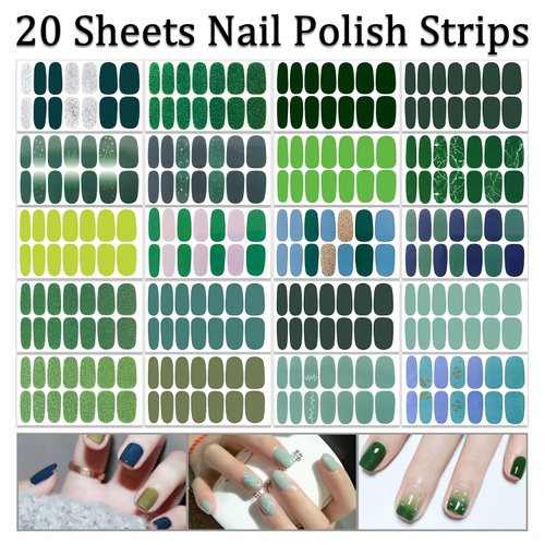 SILPECWEE 20 Sheets Green Nail Polish Strips Spring Nail Wraps for Women Self Adhesive Nail Stickers Nail Strips Real Nail Polish Stick on Nails with 1pc Nail File