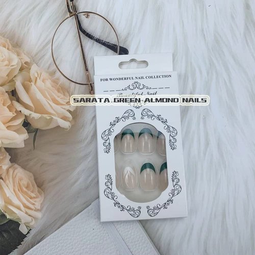 24Pcs Short Glossy Almond Press on Nails with French Green Design, Full Cover Acrylic False Nails, Nail Tips, Nail Art Kit with Glue for Women