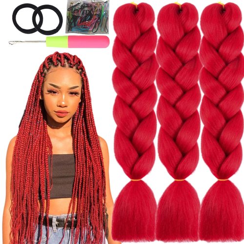 TENGSHUO FLY Ombre Braiding Hair Extensions for Women 3 Packs/24 Inch Braiding Hair Fiber Crochet Hair for Box Braids Senegal Twist Hair Extensions(24" (Pack of 3),red)