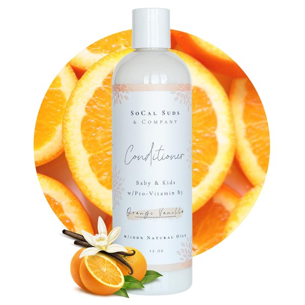 SoCal Suds & Company - Organic Baby & Kids Conditioner - Moisture Baby Hair Conditioner - Gentle Natural Vitamin Rich Ingredient Organic Oils for Babies and Kids Sensitive Scalp - Orange Vanilla, 12oz