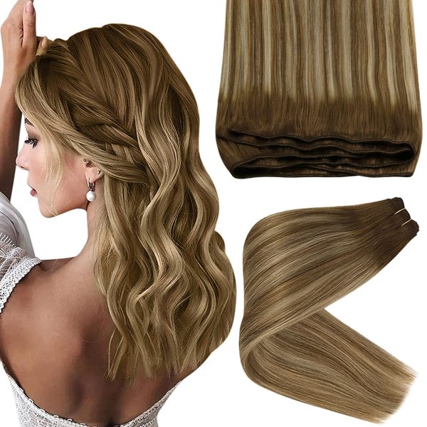 Sunny Balayage Human Hair Sew in Extensions Brown Blonde Weft Human Hair Extensions Ombre Brown Sew in Hair Extensions Human Hair Balayage Chestnut Brown Ombre Platinum Blonde 16inch 100g