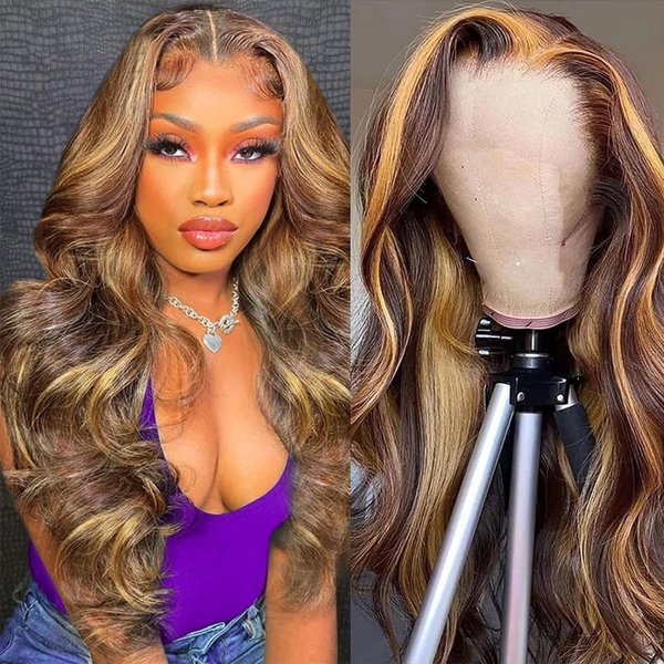 Omber Human Hair Lace Front Wigs 4/27 Colored Highlight Body Wave Lace Front Wigs Human Hair for Black Women 13x6 Body Wave Lace Frontal Wigs 180% Density (18 inch)