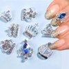 Glitter Crown Nail Charms for Nail Art 15Pcs Shiny Silver Nail Art Charms Hollow Alloy Crown Nail Rhinestones Exquisite Bling Blue Nail Gems Crystal Crown Nail Jewelry for Women DIY Nail Decoration