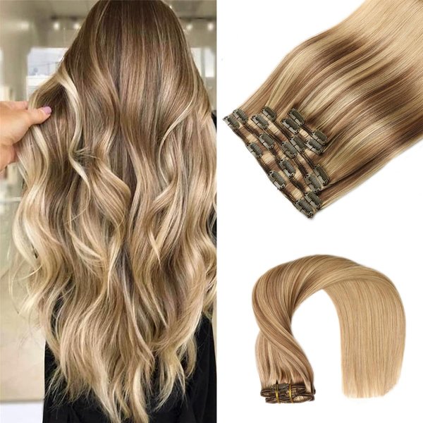 VINBAO Human Hair Extensions Clip in Hair Extensions Balayage Ash Brown to Caramel Blonde 16 Inch 100g 6pcs Remy Clip in Hair Extensions Straight Thick Hair Extensions (#10/16/16, 16'')
