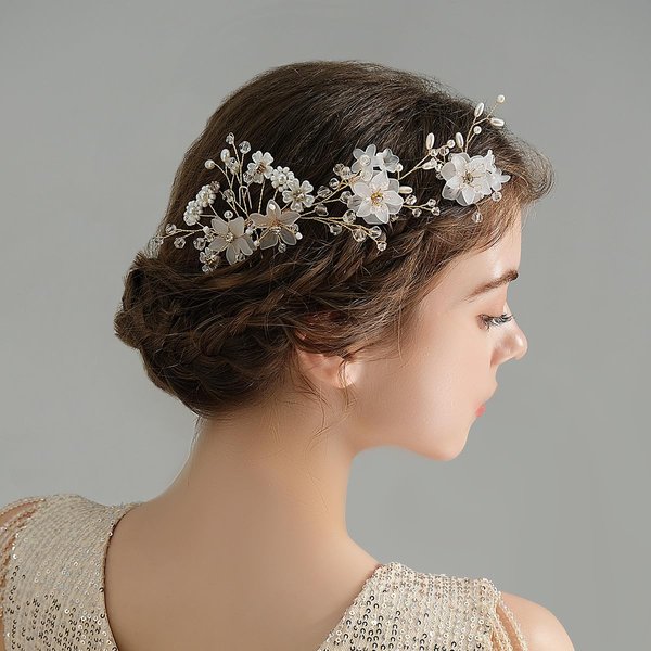 Wedding Floral Bridal Hair Accessory Set, 3 Pieces Flower Hair Side Comb and U-shaped Hair Pins for Brides Hair Vine Decorative Wedding Party, White&Gold