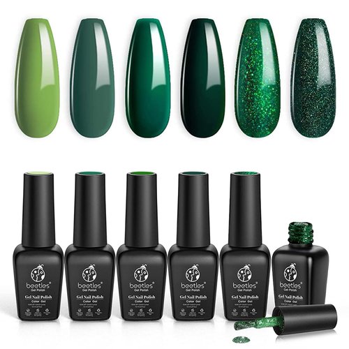 Beetles Carnival Evergreen Gel Nail Polish Set 6 Pcs Glitter Green Sparkle Gel Polish Kit Soak Off UV Nail Lamp Avocado Dark Green Nail Gel Nail Kit Nail Art Design Gifts for Woman