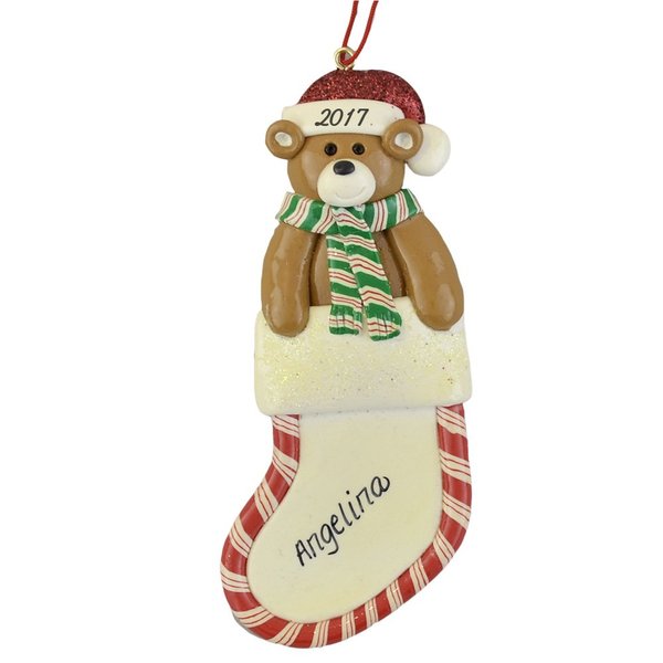 Christmas Stocking with Bear Personalized Ornament - Calliope Designs - for Boy or Girl - 5" Tall - Handcrafted - Free Customization