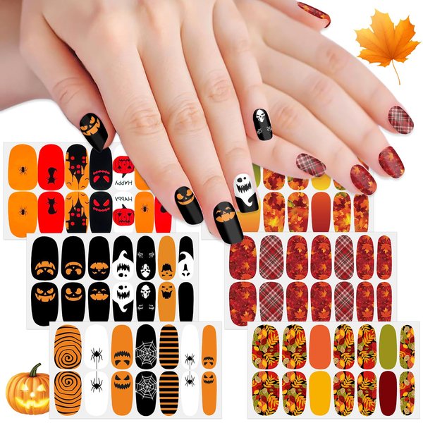 SILPECWEE 6 Sheets Fall and Halloween Nail Polish Stickers Full Nail Wraps Holiday Nail Polish Strips Self Adhesive Gel Nail Strips Fingernail Sticker Nails for Women with Nail File