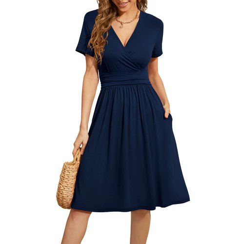 WEACZZY Womens Dresses Short Sleeve Casual Summer Dress V-Neck Party Dress with Pockets, Navy Blue, Medium