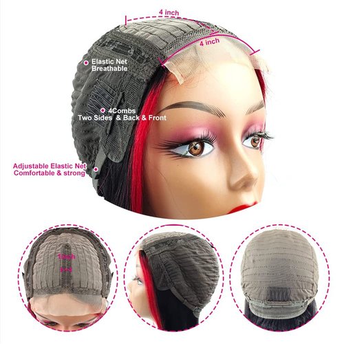 Glueless Bob Human Hair Wigs Brazilian Straight Lace Front 4×1 T Part Lace Closure Short Bob Wigs For Black Women Ombre Colored Real Human Hair Pre Plucked with Baby Hair (12inch, Ombre 1b/red)