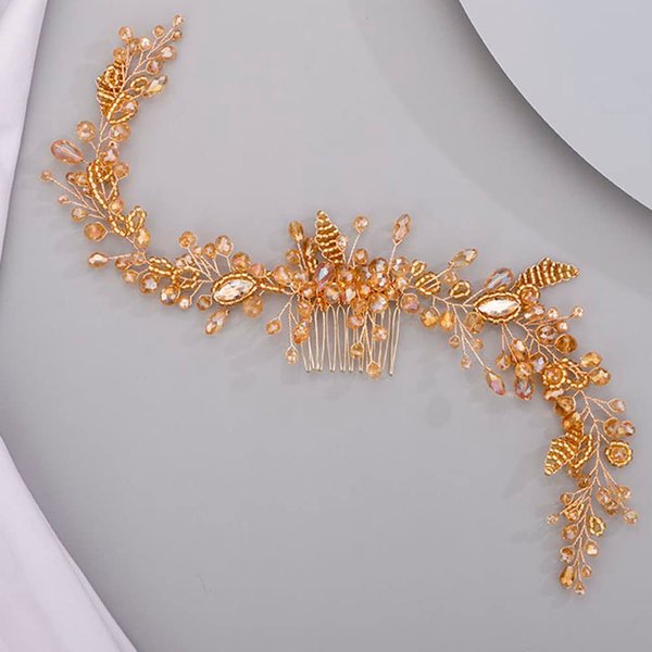 Chargances Wedding Crystal Beaded Hair Vine Comb Bridal Long Pearl Leaf Hair Vine Comb Orange Rhinetone Handmade Headpiece Hair Accessories for Wedding Prom Flower Girl (Orange)