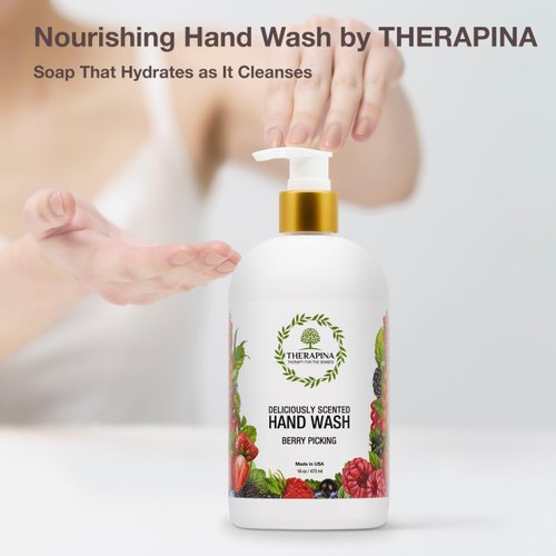 THERAPINA Aromatherapy Luxury Liquid Hand Soap – Vegan, Moisturizing Hand Wash with Aloe Vera, Botanical Oils, Berry Picking Scent – Fancy Liquid Hand Soap for Bathrooms, Kitchen, More, 16 Oz.