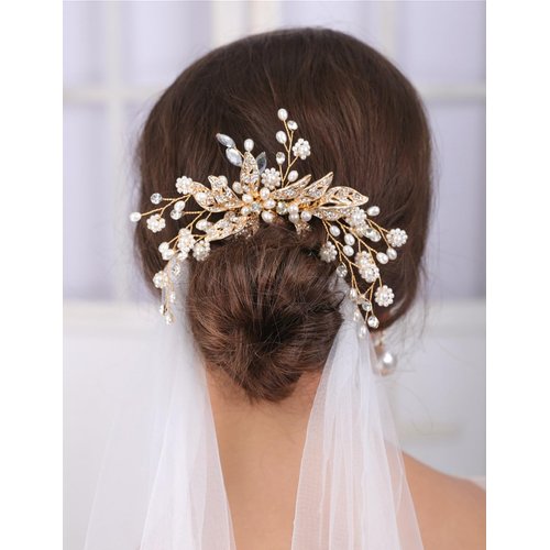 Teyglen Gold Leaf Wedding Hair Comb Pearl Bride Wedding Hair Comb Bridal Rhinestone Hair Piece Flower Hair Accessories Dainty Headpiece for Women Girls