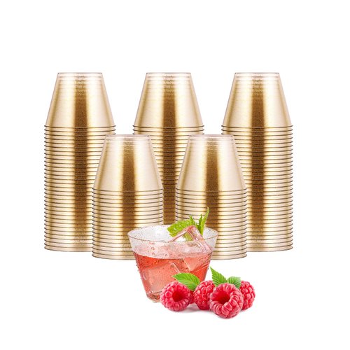 JOLLY CHEF 5 oz 100 Pack Small Glitter Disposable Cups, Glitter Plastic Cups, Disposable Plastic Shot Glasses Perfect for Parties Halloween Thanksgiving Christmas