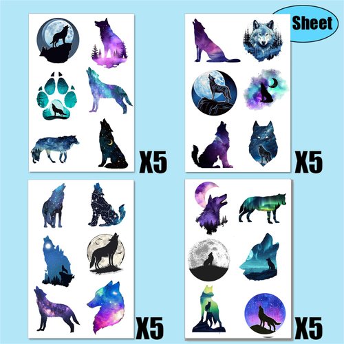 Galaxy Wolf Temporary Tattoo Sticker For Men Women Kids, 20 Sheet Wolf Themed Tattoos Wolf Party Decoration Supplies Party favors
