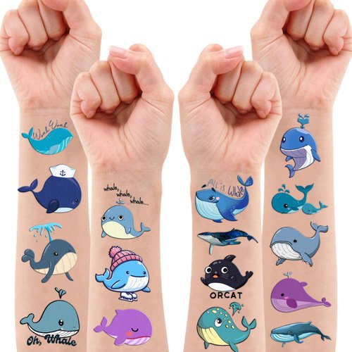 Whale Temporary Tattoos Stickers Themed Blue Ocean 100PCS Cute Orca Narwhal Sea Animals Birthday Party Favors Decorations Supplies Tattoo Sticker Gifts For Boys Girls School Prizes Carnival Christmas