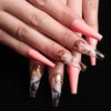 Outyua Smoke Pattern Fake Nails Pink Coffin Extra Long Press on Nails with Designs Glossy Ballerina Acrylic False Nails Stick on Artificial Nails 24Pcs (Pink)