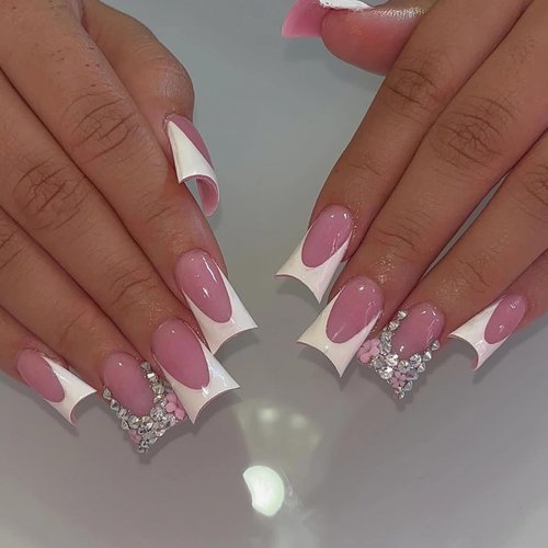 MERVF Duck Nails Press on Medium Fake Nails White French Tip Acrylic Nails Duck Feet Square Glue on Nails 24pcs Glossy False Nails with Rhinestones Design