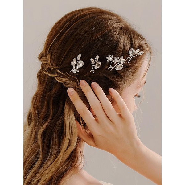 Denifery 4 Pieces Bride Hair Pins Pearl Hiar Pins Rhinestones Hair Accessories Crystal Wedding Hair Piece for Bride Women Girls Bridesmaids (Silver)