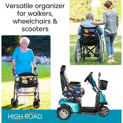 High Road Walker Bag, Wheelchair Caddy and Mobility Scooter Pouch with Cup Holders, Easy Access Pockets and Secure Buckled Straps