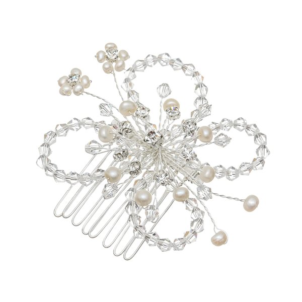 SAMKY Handmade Freshwater Pearl Crystal Butterfly Flower Wedding Tiara Comb - Silver Plated FC018