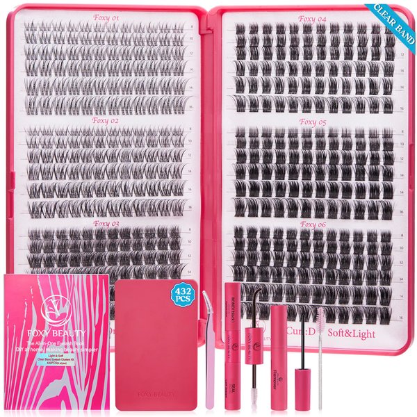 Lash Clusters Wispy 432pcs - Invisible Band Lash Clusters,Clear Band Lash Clusters For Natural Look - Lash Extension Kit With Lash Bond and Seal,Eyelash Extensions Kit Individual Lashes 0.07D-8-16MM