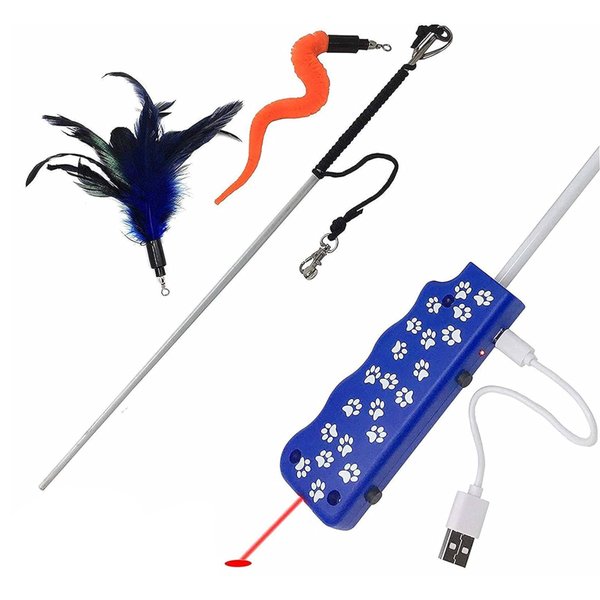 Pet Fit For Life Rechargeable Pet-Safe Combination LED Chaser and Cat Teaser Wand with Feather Toy and Interactive Squiggly Worm - Mimics Bird Chirping Sounds