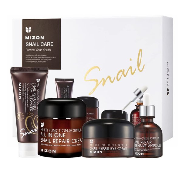 MIZON Full Skincare Set: All-in-1 Snail Repair Cream, Snail Repair Intensive Ampoule, Snail Repairing Foam Cleanser, and Snail Repair Eye Cream Korean Gift Set Snail Skincare Set