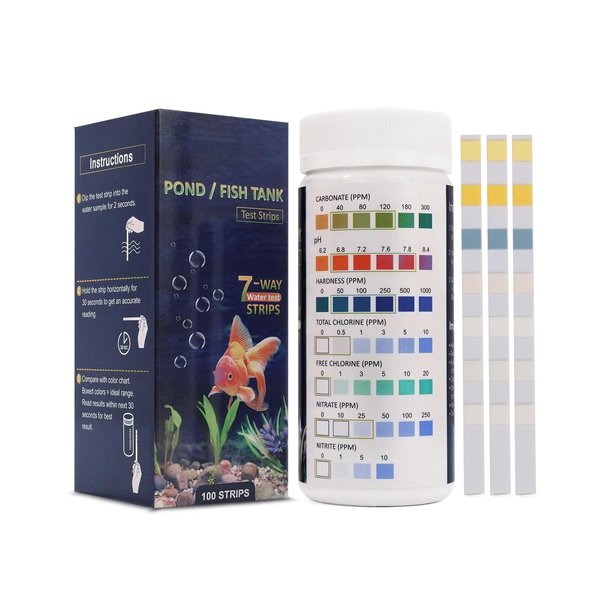 7 in 1 Aquarium Test Strips, 100 Strips Fish Tank Water Quality Test Freshwater Saltwater Test Kit for Test pH, Carbonate, Alkalinity, Hardness, Chlorine, Nitrite, Nitrate Aquarium Water Testing