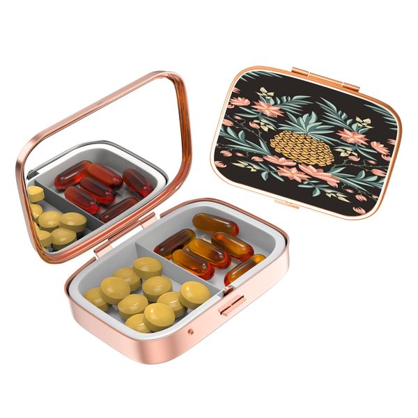 Cute Small Pill case for Pockets & Purses,Elegant Pill Box Makes a Great Gift,2 Compartment Travel Medicine Organizer Stores Progesterone,Capsule Pills, Ibuprofen, Vitamins-Rose Gold2