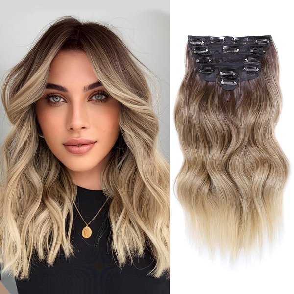 NAYOO Clip in Hair Extensions for Women 14 Inch Short Wavy Curly Ombre Brown to Blonde Hair Extension Full Head Synthetic Hair Extension Hairpieces(6PCS,Ombre Brown to Blonde)