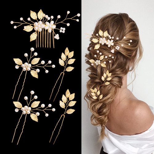 5 Pieces Bridal Wedding Hair Pins Gold Leaf Rhinestone Pearl Hair Pins Clips Headpiece Vintage Wedding Hair Accessories for Brides Bridesmaids Flower Girls (Leaf pearl crystal)