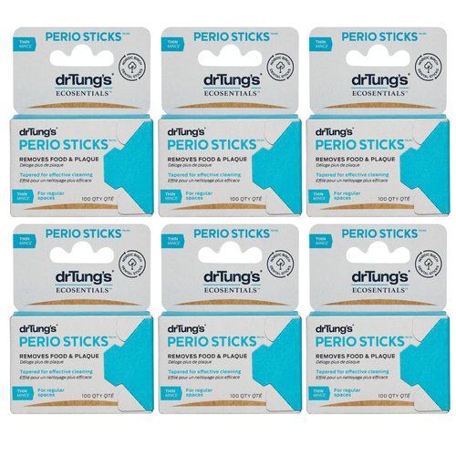 DrTung's Double-Sided Perio Sticks - Dental Sticks for Humans, Dental Floss Picks, Plaque Remover for Teeth, Dental Toothpicks, Dental Picks for Teeth Cleaning - Thin, 100 Count (Pack of 6)