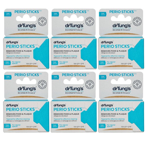 DrTung's Double-Sided Perio Sticks - Dental Sticks for Humans, Dental Floss Picks, Plaque Remover for Teeth, Dental Toothpicks, Dental Picks for Teeth Cleaning - Thin, 100 Count (Pack of 6)