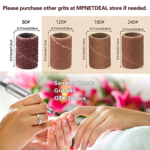 MPNETDEAL 300pcs Sanding Bands Grit #80 for Acrylic Nails for Efile nail drill bits with mandrel
