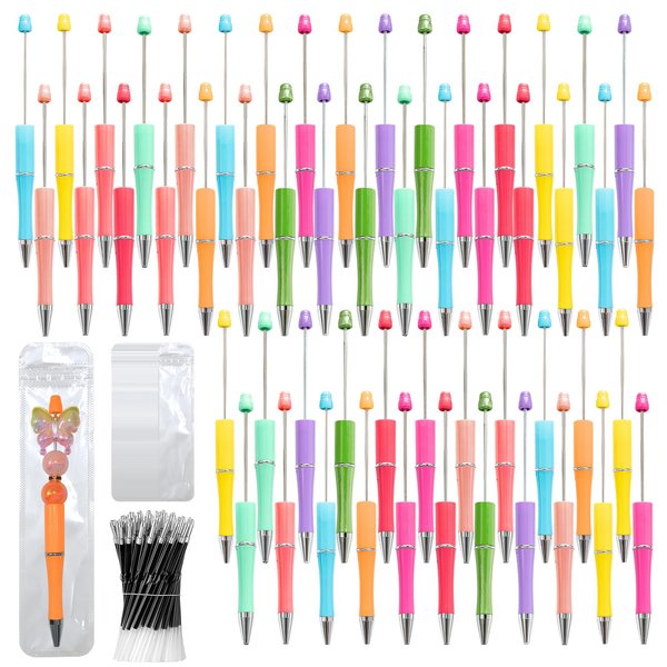 DASTTUIS 150 Pieces DIY Beadable Pens Kit - 50 plastic Beadable Pens Bulk, Refills & pen bags Included - Beaded Pens Black Ink Ballpoint Cute Pens（Bright）