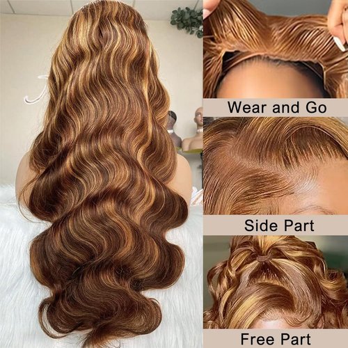 Wear and Go Glueless Wigs Human Hair 8x5 HD Lace Front Wigs 180% Density Highlight Body Wave Glueless Wig Pre Plucked Pre Cut Lace Front Wig 18inch 4/27 Honey Blonde Lace Frontal Wigs for Women