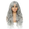 SWACC Long Curly Wavy Wig with Bangs Synthetic Hair Wig for Women with Wig Cap (Grey Silver Ombre)