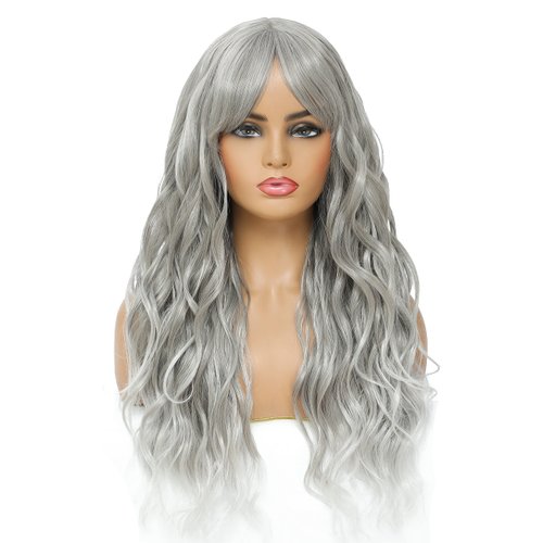 SWACC Long Curly Wavy Wig with Bangs Synthetic Hair Wig for Women with Wig Cap (Grey Silver Ombre)