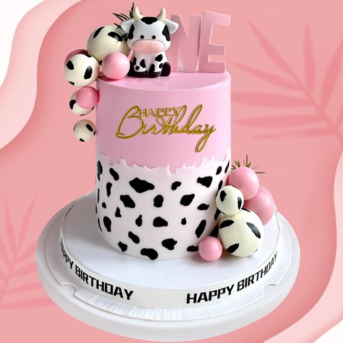 14 Pcs Cow Cake Decorations Pearls Balls Cake Toppers with Gold Happy Birthday Acrylic Cake Topper for Baby Shower Wedding Birthday Party Decor (Pink)