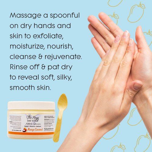 The Keys Salt Scrub Premium Exfoliating Sea Salt Body Skin Scrubs - Made with Pure Florida Sea Salt and Organic Coconut Oil + Wooden Spoon (Mango Coconut, 12 oz)