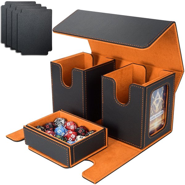 AFIING MTG Commander Card Storage Box - Fits 200 Double Sleeved Cards,3-in-1Card Deck Case,Strong Magnet Card Organizer For Magic Commander TCG CCG,4Dividers &2 Toploaders, Black/orange