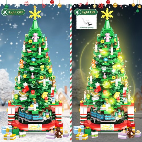 Zeluuyu Christmas Tree Building Block with LED Light, Rotating Christmas Tree 2024 Building Set for Adults, Christmas Tree Building Kit Xmas Gift for Boys and Girls (Non-Advent Block)